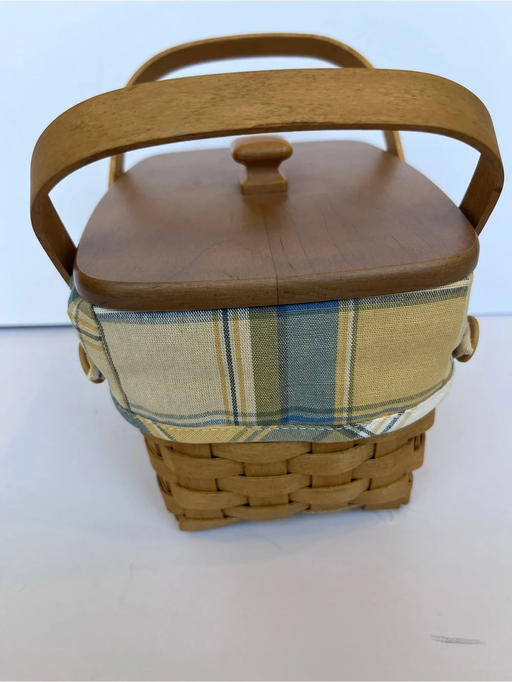 Vintage Longaberger Basket With Lid Yellow Blue Plaid Liner Cottagecore
